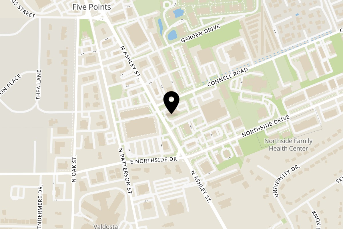 Map showing the location of Pedros Tacos & Tequila on 2905 N Ashley St in Valdosta